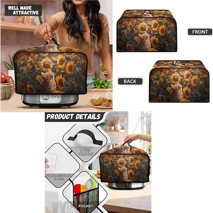 Sunflower Cat 4 Slice Toaster Cover,Bread Toaster Oven Dust Cover Kitchen Bakeware Protector Blender Cover Slow Cooker Cover Anti Fingerprint Kitchen Decorations (Orange)