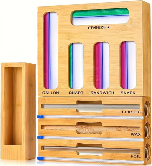 LDQ 9-in-1 Shatterproof Square Bamboo Storage Box - Aluminum Foil Dispensr with Cutter, Reusable Quarter Multi-Functional Sealed Bag Organizer for Kitchen Drawers, Walls, and Cabinetse