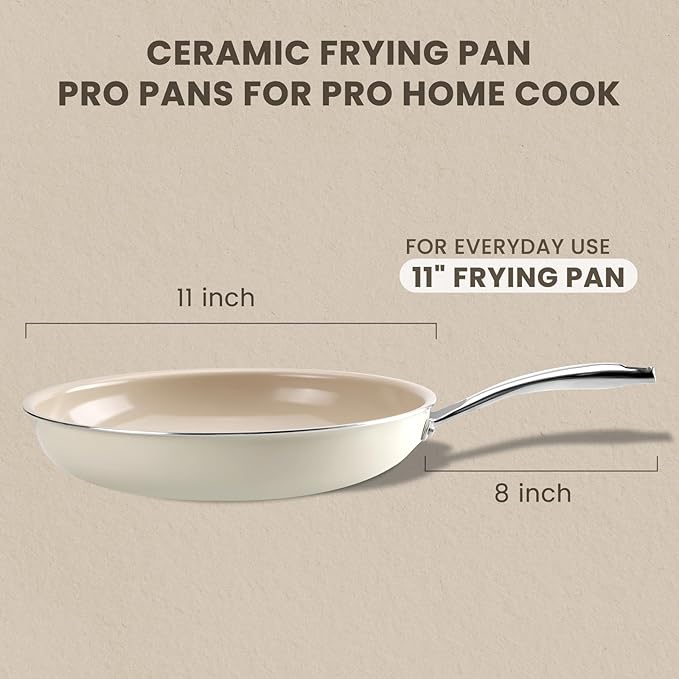 Kikcoin Non Stick Ceramic Frying Pans Skillet, 11-inch Healthy Non Toxic Cookware Egg Cooking Pan with Stay Cool Handle, PFAS & PTFE & PFOA Free, Dishwasher & Oven Safe (Cream Beige)