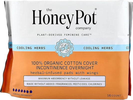 The Honey Pot Company - Herbal Pads for Women - Organic Incontinence Overnight w/Wings - Infused w/Essential Oils for Cooling Effect - Postpartum Essentials - Feminine Care - 16 ct