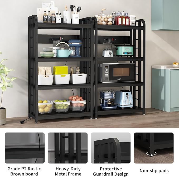 Bakers Rack with Power Outlet ，Microwave Stand 4-Tier Kitchen Baker's Rack, Free Standing Baker's Rack Kitchen Stands with Storage Suitable for Kitchen, Living Room, Dinning Room，Coffee Bar (Black)