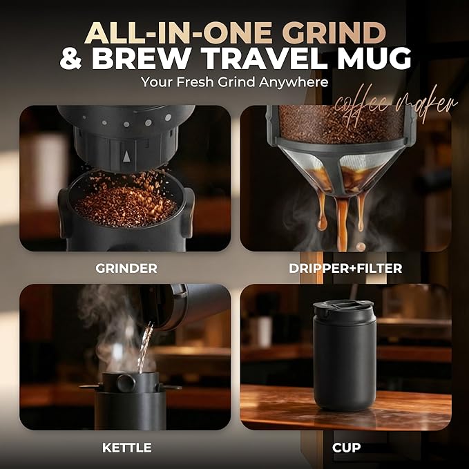 HAUSHOF Portable Coffee Maker, Travel Coffee Maker Battery Operated Small Pour Over Set, Compact Coffee Maker with Electric Grinder & Insulated Mug for Travel, Camping, Car