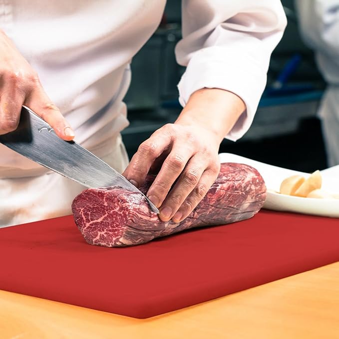 Dexas NSF Certified Polysafe Cutting Board with Handle and Juice Well, 12 x 18 inches, Reversible Kitchen Cutting Board, Red