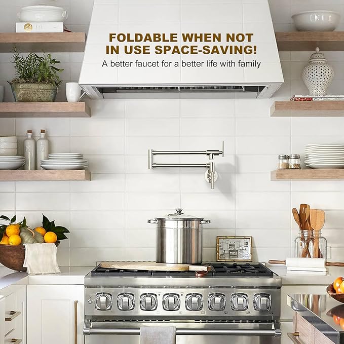 WOWOW Pot Filler Faucet Polished Nickel, Solid Brass Pot Filler Wall Mount Kitchen Stove Faucet with Double Joint Swing Arms