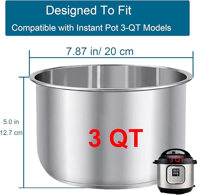Stainless Steel Inner Pot for Instant Pot 3-Qt, 304 (18/8) Stainless Steel Replacement Pot for Instant Pot 3-Quart, Insert for Insta Pot, Liner for Instantpot with Thick Bottom, Non-Toxic (No Teflon)