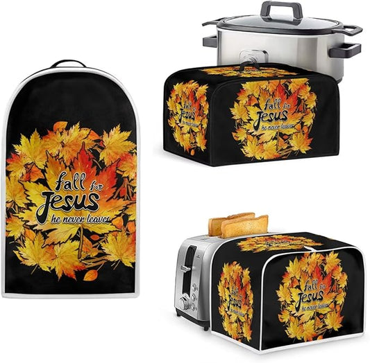 Unique Toaster 4 Slice Thanksgiving Day Decorations Set, Blender Bread Toaster Cover, Slow Cooker Cover Fit for Most 6-8 Qt Slow Cookers, Fall for Jesus He Never Leaves (Black)