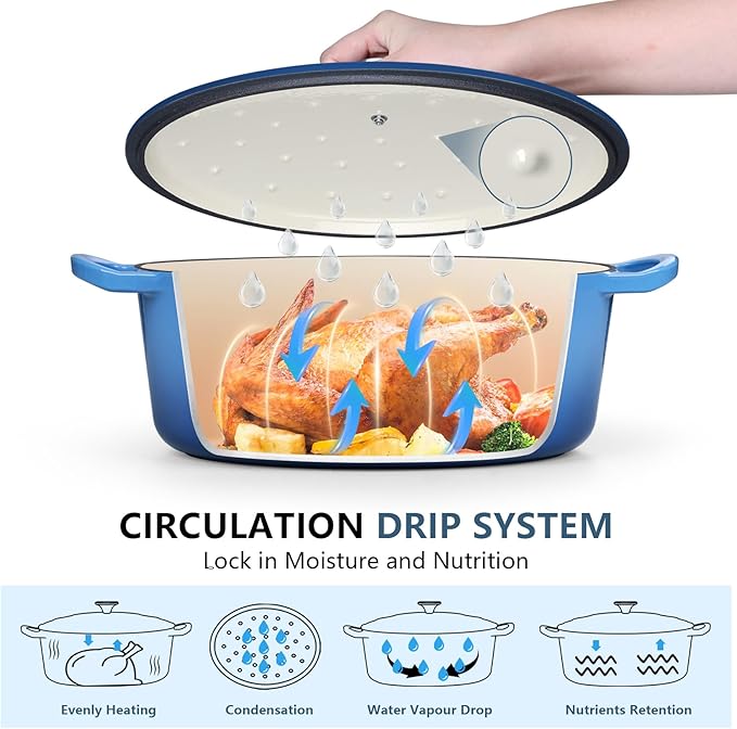 P&P CHEF Oval Dutch Oven with Lid, Enameled Cast Dutch Oven Pot for Bread Baking, Braising, Stewing, Roasting, Non-Stick & Oven Safe, Dual Handles & Easy Clean, 7QT & Blue, Valentine's Day