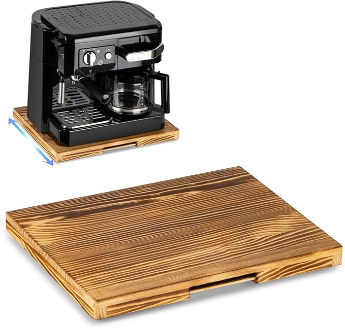 Appliance Slider, Wooden Sliding Tray for Coffee Maker, Coffee Pot Slider for Counter, Kitchen Caddy Rolling Tray (Rustic Brown- Wide)