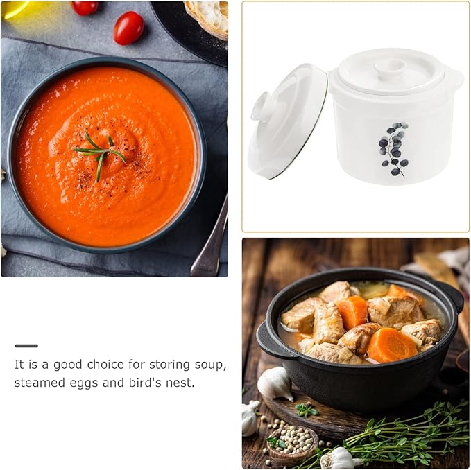 Zerodeko 1Set Ceramic Stew Pot with Lid, Small Steam Soup Bowl Steaming Cup for Home Kitchen Egg Custard Appetizer Bowl (13.50X13.00X13.00cm)
