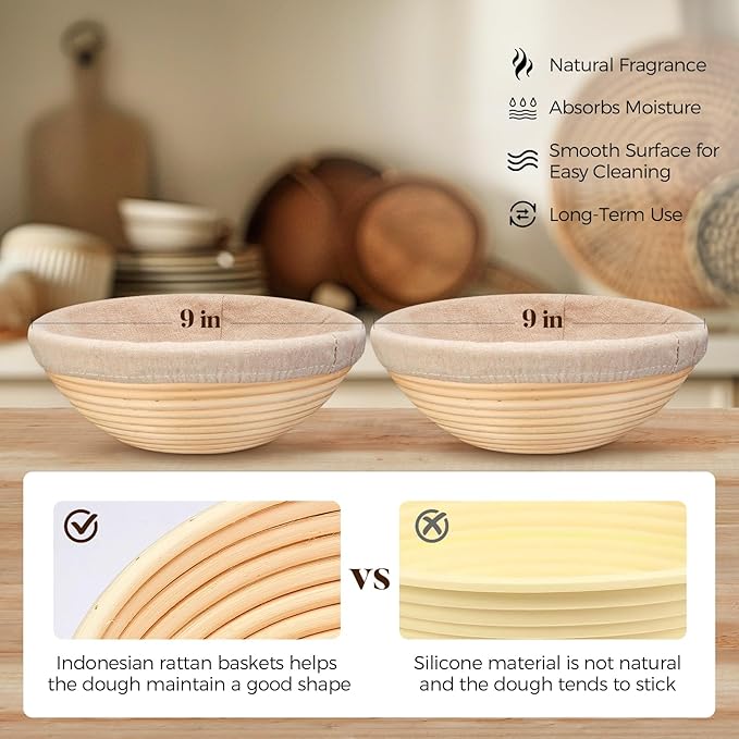 Banneton Bread Sourdough Proofing Basket - Sourdough Starter Kit Set Of 2, Sourdough Bread Baking Supplies 10" Oval Set of 2, Bread Proofing Basket with 6 Accessories