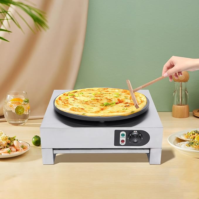 16" Commercial Electric Crepe Maker, 3000W Pancake Baking Machine Non-Stick Electric Crepe Pan Single Hotplate Adjustable Temperature 50-300℃(122-572℉) with Batter Spreader for Tortilla