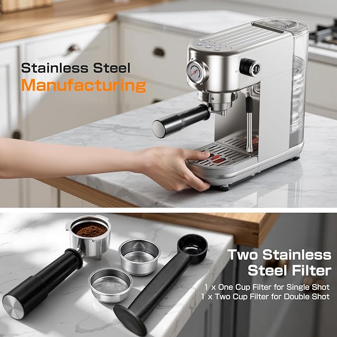 Espresso Machine Upgrade, 20 Bar Compact Espresso Coffee Machine with Milk Frother, Stainless Steel Coffee Maker with 44oz Removable Water Tank & Fast Heat System for Cappuccino, Latte