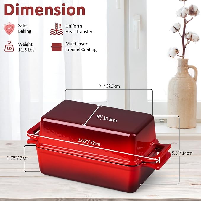 Leonyo 9x5 inch Enameled Cast Iron Loaf Pan, 2 Piece Homemade Sourdough Bread Loaf Pan with Lid, 2-in-1 Dutch Oven for Bread Baking, Pound Cake, Even Heat Distribution & Up to 500℉, Red