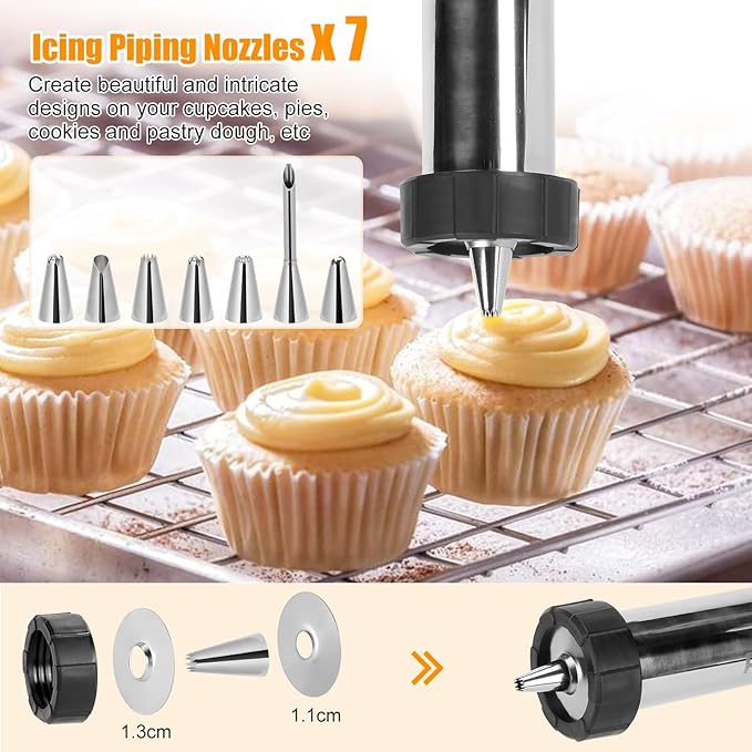 Churro Maker Machine, Stainless Steel Churros Gun Kit, 3-in-1 Multifunctional Cookie Press Hollow Churro with Piping Bag, 7 Piping Nozzles, 9 Cookie Discs & 2 Brushes, Easy to Clean
