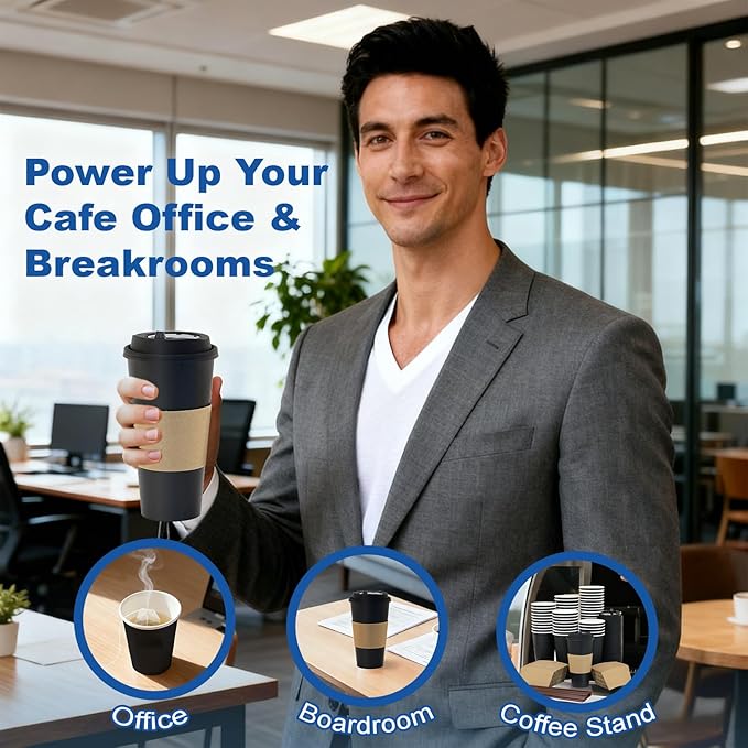 20 oz 100 Pack Coffee Cups with Lids and Sleeves, Straws, Hot Disposable To Go Travel Paper Cups Bulk for Office, Home Coffee Bar Accessories, Chocolate, Cocoa, Beverage (Black)