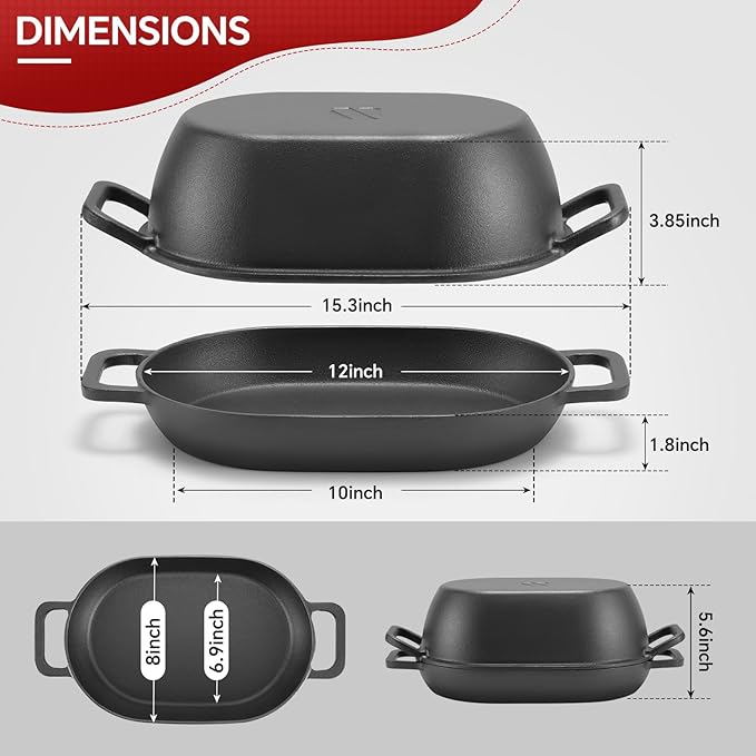 12"x8" Oval Cast Iron Dutch Oven for Bread Baking，Pre-Seasoned Combo Cooker with Lid, Perfect for Sourdough, Artisan Loaves & Family Meals,5 Qt