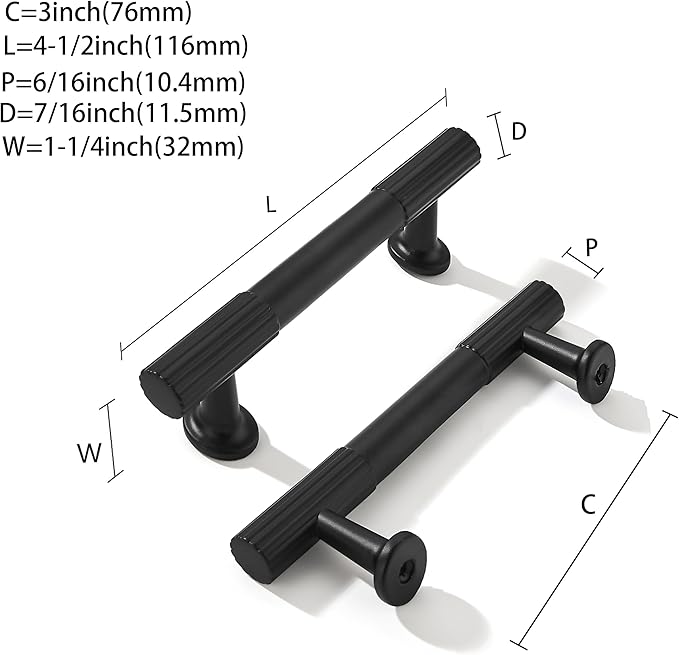khtumeware 3 Inch Hole Center 2 Pack Matte Black Heavy Duty Solid Cabinet Pulls, Kitchen Drawer Handles, for Dresser cabinets, cabinets