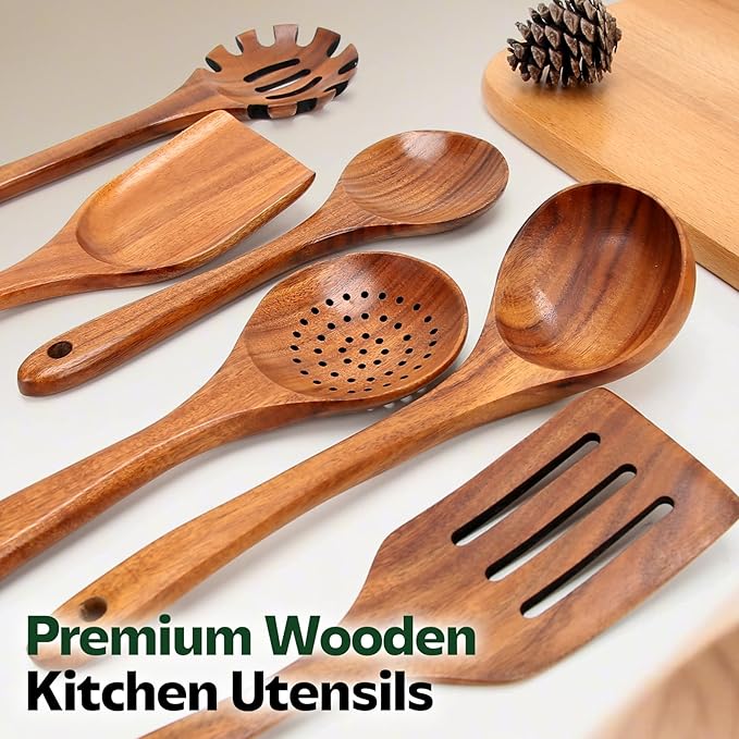 ANBUY 6 Pcs Wooden Kitchen Utensil Set, Wooden Spoons for Cooking, Heat Resistant BPA Free Wood Turner Wok Spatulas & Ladle Set, Skimmer Strainer for Spaghetti, No Scratch & No Stick for Cookware