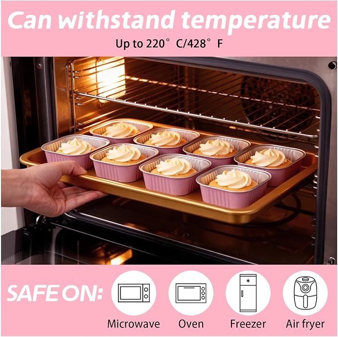 200 Pack 10 oz Pink Square Mini Cake Pans with Lids, Aluminum Foil Square Brownie Baking Cups for Ramekins Muffin Cupcake Wedding Birthday Party