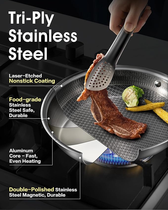 Nonstick Frying Pan with Lid,12-Inch Stainless Steel Skillet with Honeycomb Surface,Dishwasher-Friendly,Oven-Safe,Induction Compatible,PFAS-Free,Non-Toxic,Compatible with All Cooktops.