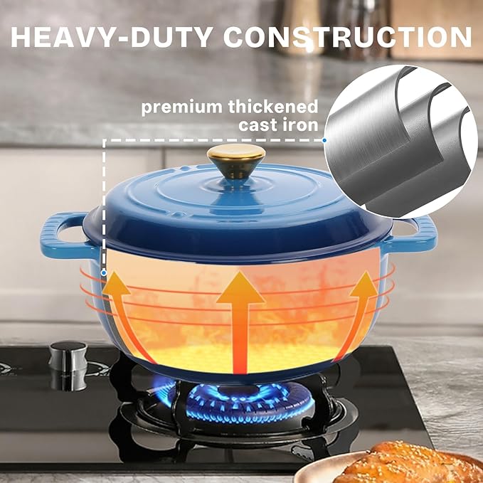 Bonnlo 5QT Round Dutch Oven, Enameled Cast Iron Dutch Oven Pot with Lid & Dual Handles, Oven Safe Up to 500° F, for Sourdough, Bread Baking, Stews and Roasting, Blue