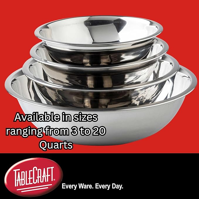 TableCraft 830 Stainless Steel Mixing Bowl, 20 Qt, Lightweight and Durable, Professional Grade for Baking and Prep, Ideal for Kitchens or Bakeries, 19" x 19" x 5.875", Silver