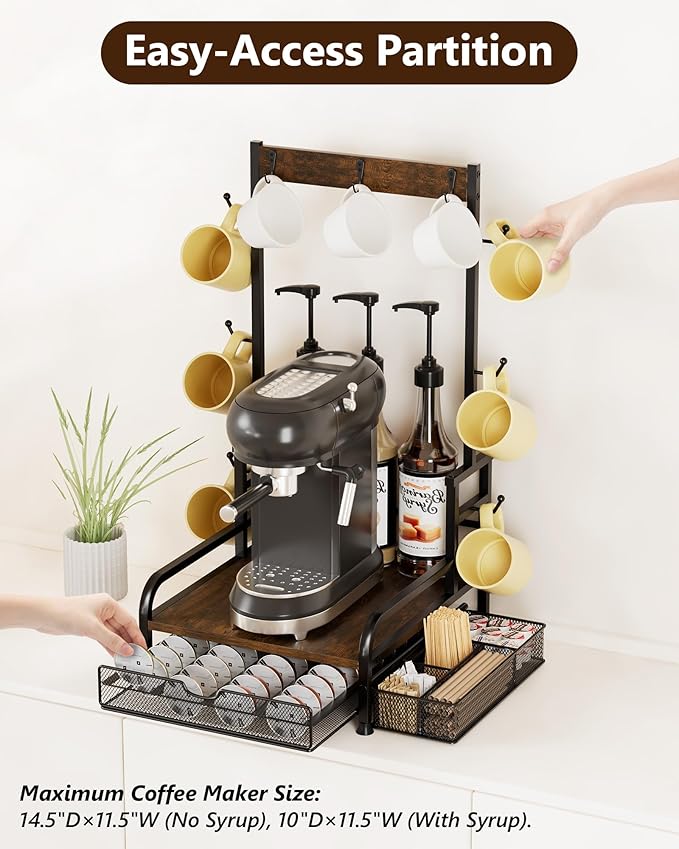 Coffee Station Organizer with Pod Drawer, 40 Pods for Nespresso /28 Pods for K Cup, Coffee Mug Holder with 9 Hooks & 1 Extra Storage Basket, Coffee Bar Organizer for Keurig Machine, Kitchen, Cafe