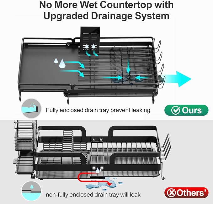 GSlife Large Expandable Dish Drying Rack for Kitchen Counter - Adjustable Dish Drainer with Pans Slots, Rust-Resistant Dish Rack with Utensil Holder and Drainboard, 16.5"-24.4" L x 12.6" W Black