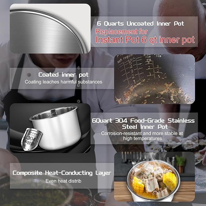 Compatible with Instant Pot 6 Quart Inner Pot Certain Models, 304 Stainless Steel Inner Pot 6 Qt, 0 Coating, Comes 2 Sealing Rings 1 Sealing Caps, 3 Year Warranty. Not Compatible With CrockPot Brand.