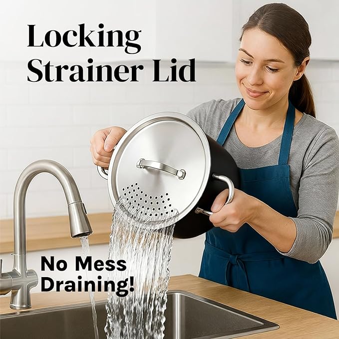 Pasta Pot with Strainer Lid - 5.5 Quart Large Spaghetti Pot - Twist & Lock for Easy Drain & No Colander Or Strainer Basket Insert Needed - Dishwasher Safe Pots