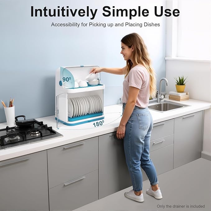 2 Tier Dish Drying Rack, Kitchen Organizer Storage Cup Holder W/Lid Cover, Organizer Storage Cup Holder, Kitchen DishRack Drain Bowl CupPlate Dish Drying Drainer