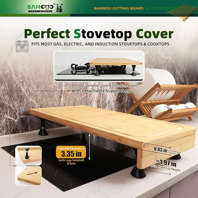 12.6 x 22 Inch Bamboo Cutting Board, Over-the-Sink and Stovetop Cover Board with Detachable Legs & Front Lip, Space Saving Countertop Board