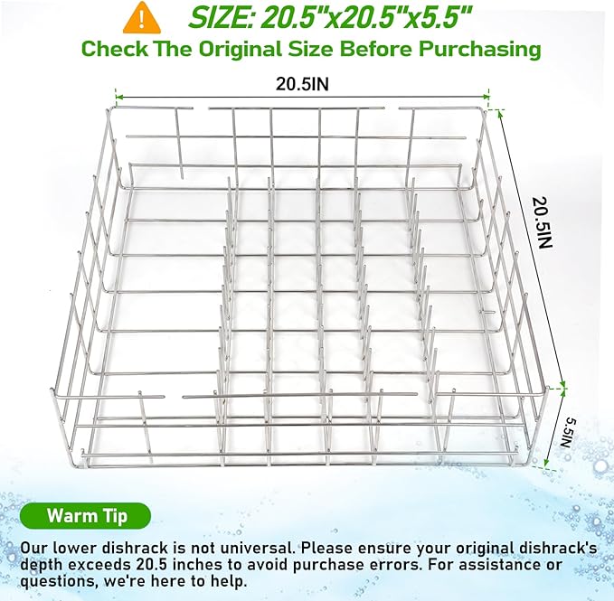 W10161215 for Whirlpool Dishwasher Rack，The Size of This Product is 20.5" Deep x 20.5" Wide x 6''Height,Measure Carefully Before Buyin