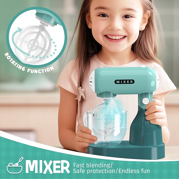 Kids Play Kitchen Accessories Toys Set, Pretend Play Kitchen Appliances Kit - Blender, Coffee Maker, Mixer, Toasters with Light & Sound, Playhouse Role Play Toy Gift for Girl Ages 3 4 5 6