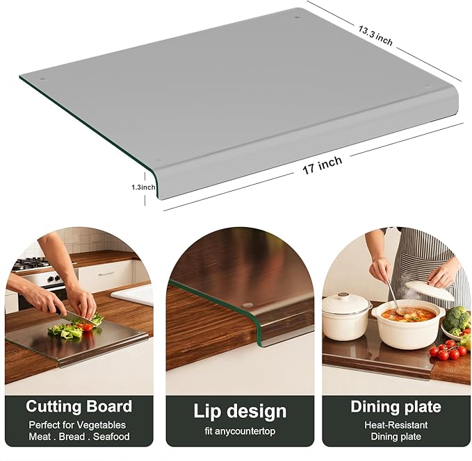 Tempered Glass Cutting Board for kitchen with Counter Lip, Glass Chopping Board, Scratch-Resistant,Non-Slip (Gray)