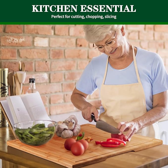 Bamboo Cutting Board - 20 x 20 inch Large Wood Chopping Board for Kitchen, Meat, Vegetables, BBQ, Square Butcher Block with Juice Groove and handle, 0.8"Th