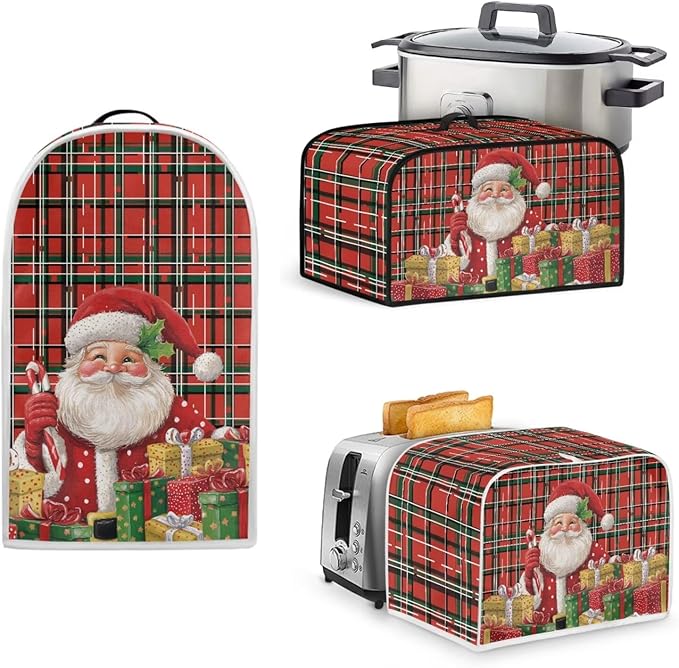Santa Plaid Pattern Toaster Covers 2 Slice Wide Slot,3Pcs Set Christmas Bread Machine Cover Slow Cookers Cover Blender Covers with Top Handle and Accessories Pocket Counter Decor (Red)