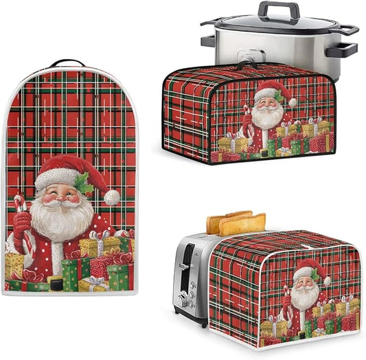 Santa Plaid Pattern Toaster Covers 2 Slice Wide Slot,3Pcs Set Christmas Bread Machine Cover Slow Cookers Cover Blender Covers with Top Handle and Accessories Pocket Counter Decor (Red)