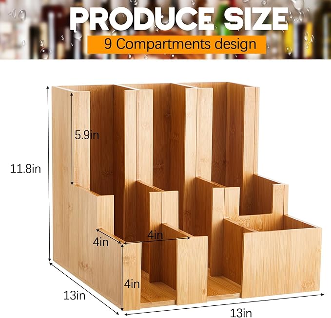 Bamboo Vertical Coffee Cup and Lid Dispenser, Coffee Condiment Organizer, 9 Compartment for Disposable Paper & Plastic Cup, for Cabinet Station Home Countertop Bar 13''l x 13''w x 12''h