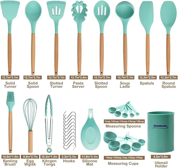 33-Piece Silicone Kitchen Cooking Utensils Set with Holder| Heat-Resistant | Non-Stick Cooking Utensils with Wooden Handles – BPA-Free Cookware Utensils set | Kitchen Tools Great for Gifting (GREEN)