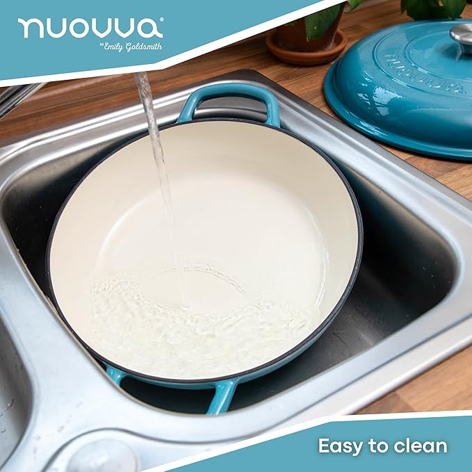 Shallow Cast Iron Casserole with Lid – Non Stick Dutch Oven Pot, Oven Safe up to 500° F – Sturdy Ovenproof Stockpot Cookware – Enamelled Cooking Pot – Blue, 5-Quart, 32cm – by Nuovva