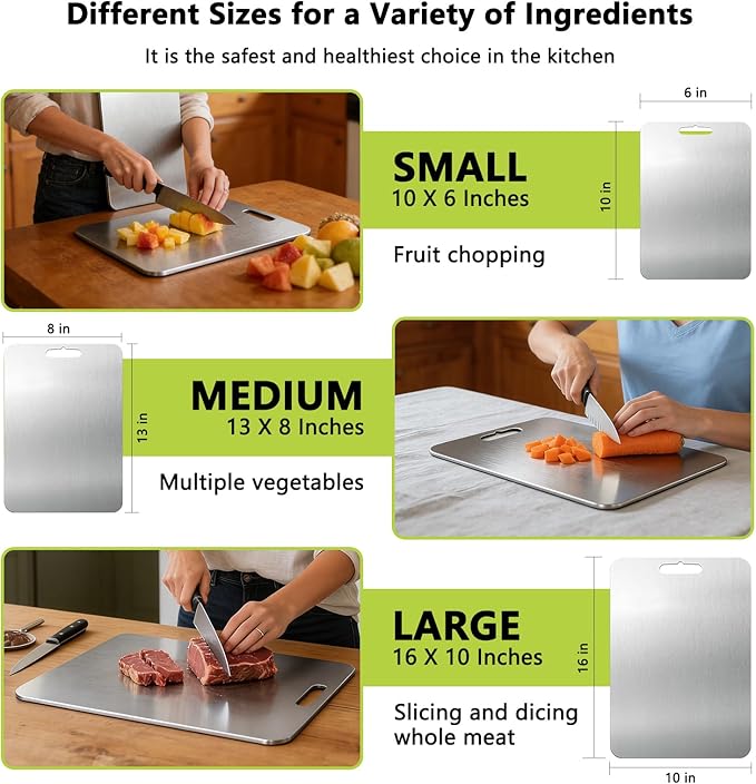 2026 New Food-Grade 100% Pure Titanium Cutting Board Set of 3, Double Sided Cutting Boards for Kitchen, Titanium Cutting Boards for Kitchen Dishwasher Safe (S+M+L)(Titanium)