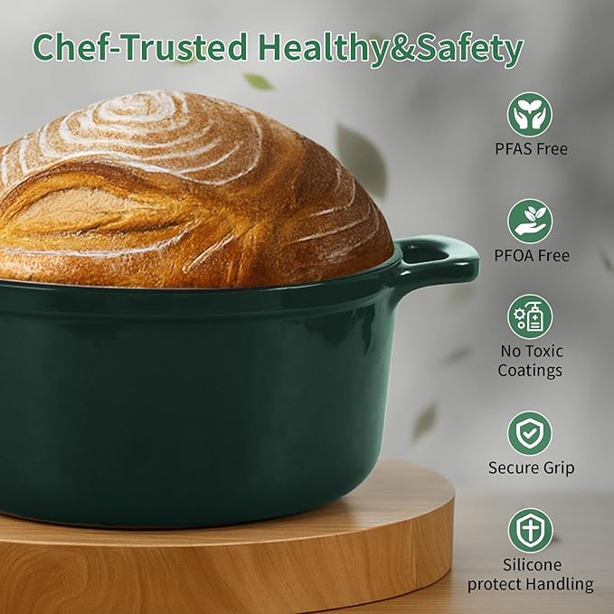 Enamel Cast Iron Dutch Oven with Lid,2.75QT Round Casserole Pot for Bread Baking, Braising,Roasting,Stews and Soups,Multipurpose Cookware,Oven Safe and Induction Compatible (2.75QT, Green)
