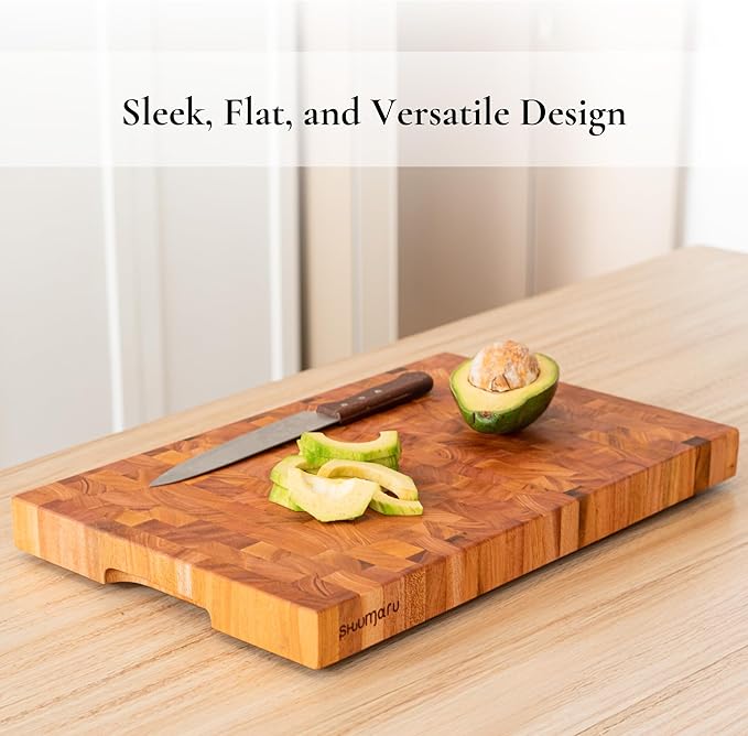 SHUMARU Mahogany End-Grain Wood Cutting Board – 20×13×1.6″ Butcher Block | Handmade in Bali – Silky-Smooth, Knife‑Friendly, Ergonomic Grips & Non‑Slip Feet