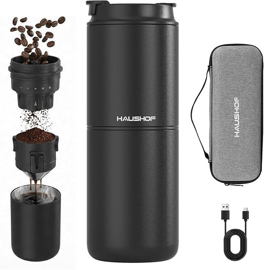 HAUSHOF Portable Coffee Maker, Travel Coffee Maker Battery Operated Small Pour Over Set, Compact Coffee Maker with Electric Grinder & Insulated Mug for Travel, Camping, Car