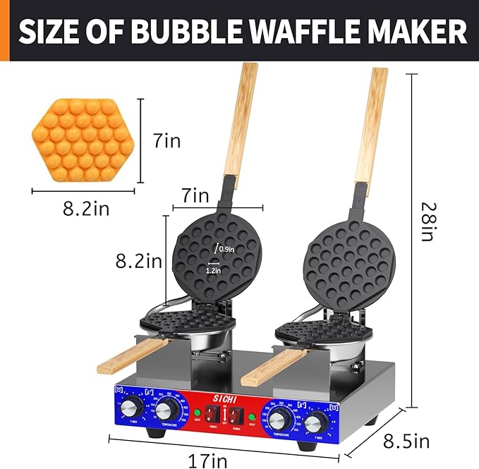Bubble Waffle Maker - Commercial Egg Waffle Maker w/Two Non-stick Baking Pans, Temperature and Timers, 2800W Professional Bubble Waffle Machine for Double Baking, Hong Kong Egg Waffle Iron