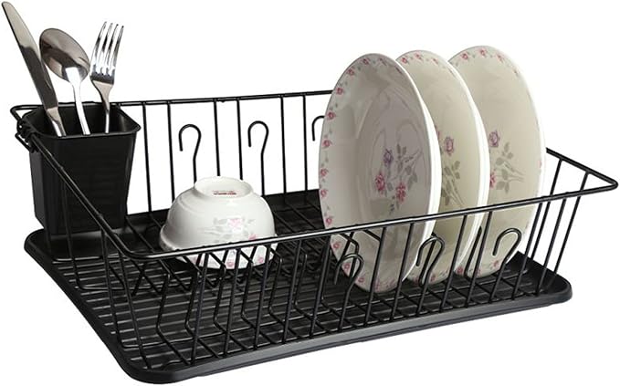 Mega Chef Dish Rack with 14 Plate Positioners and A Detachable Utensil Holder, Black