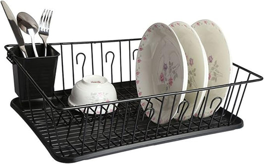 Mega Chef Dish Rack with 14 Plate Positioners and A Detachable Utensil Holder, Black