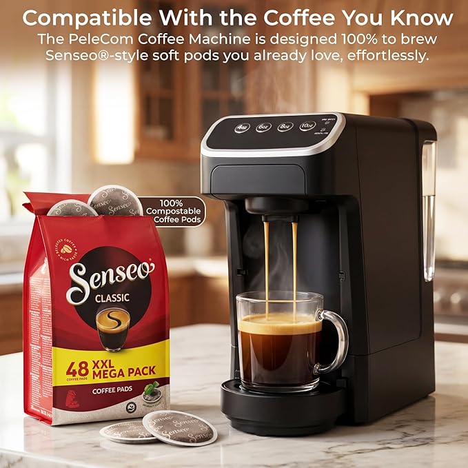 Coffee Machine – Compatible with Senseo Pods – Fast Brewing Single-Serve Coffee Maker with Rich Flavor Extraction, Crema Layer, Space-Saving Sleek Design, Barista-Quality Taste
