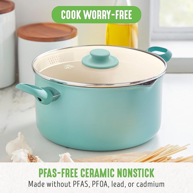 GreenLife 6QT Nonstick Stockpot with Straining Lid, Soft Grip, PFAS-Free Ceramic, Pour Spout, Multipurpose Cooking Pot, Sauces & Soups, Milk Pan, Stay-Cool Handles, Dishwasher & Oven Safe, Turquoise